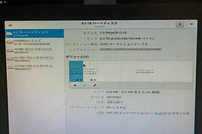 RAIDボリューム（LSI MegaSR 8TB）のパーティション構成を確認している画面